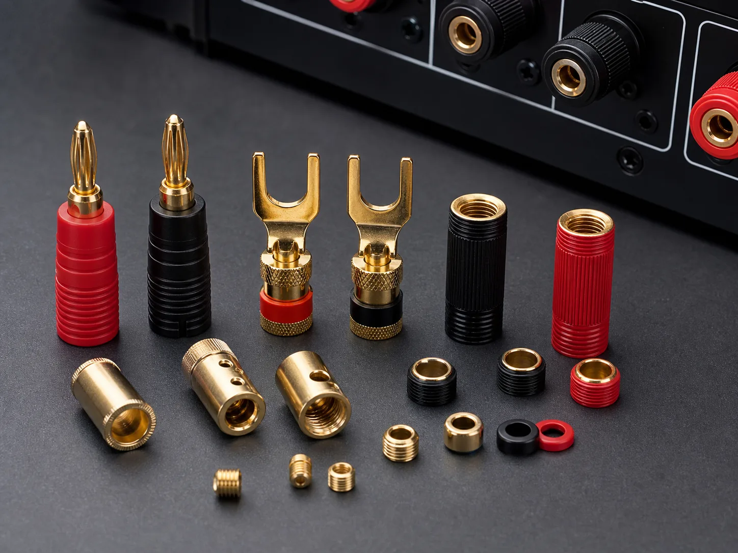 Audio cable accessory banana plug, spade terminal, and brass connector components