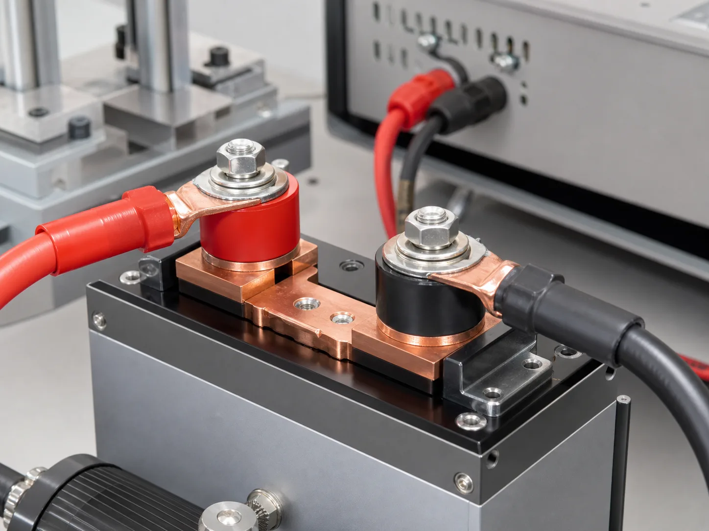 Battery test load fixture with high-current copper busbar terminals and cable lugs