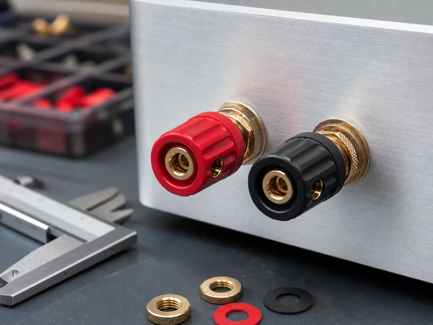 Binding post mounted through an audio equipment panel