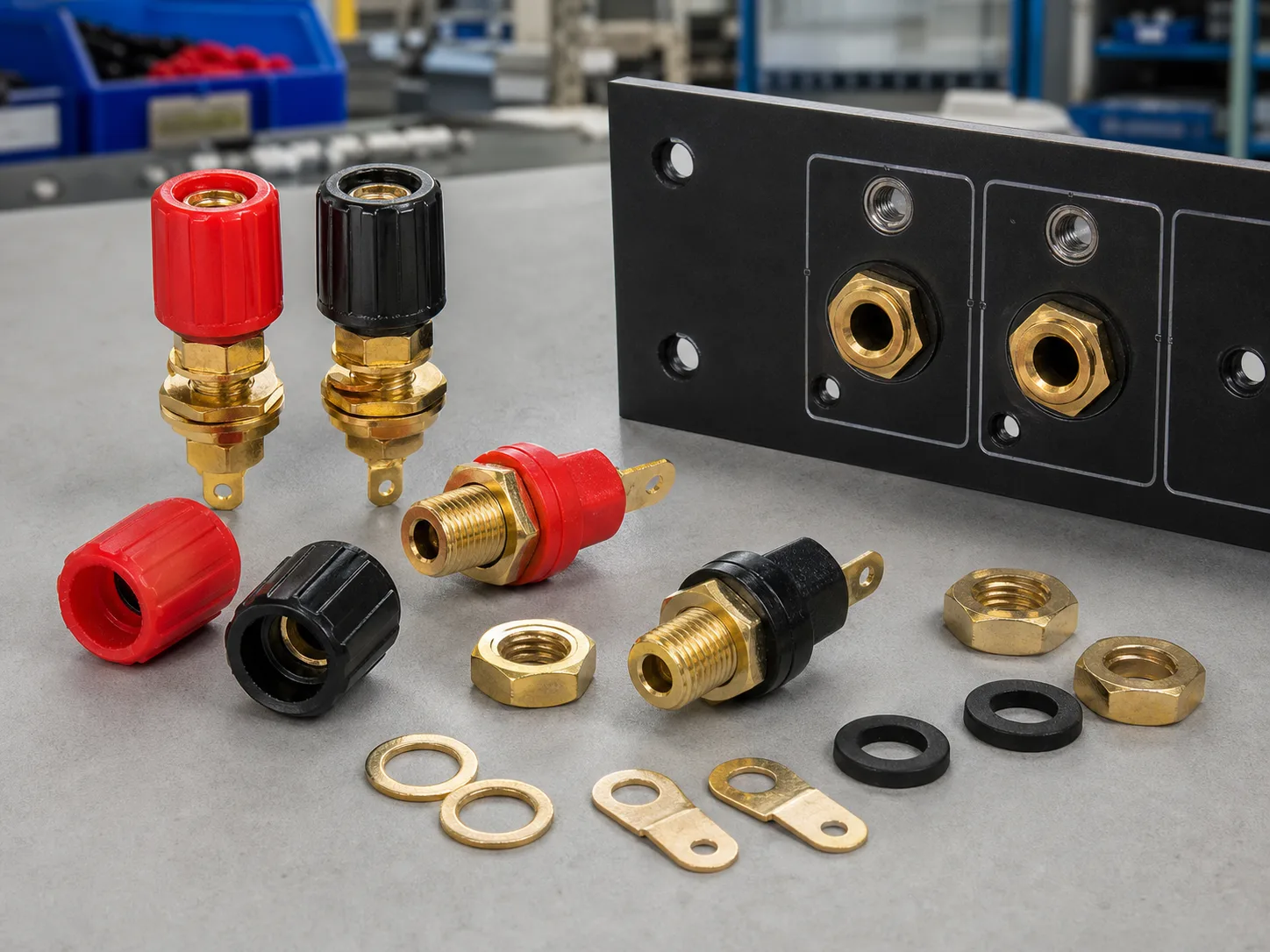 Red and black speaker binding posts with panel hardware, mounting nuts, washers, and terminal lugs