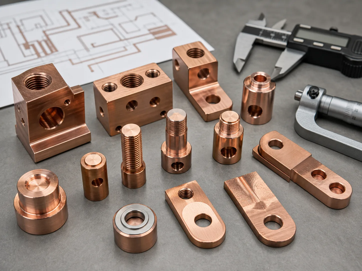 Conductive copper terminal bodies with machined contact surfaces and mounting holes