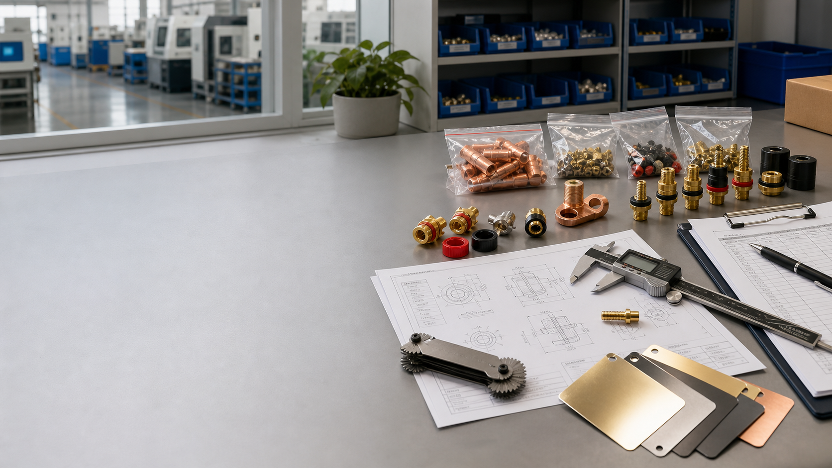 RFQ engineering review desk with terminal samples drawings gauges and finish references