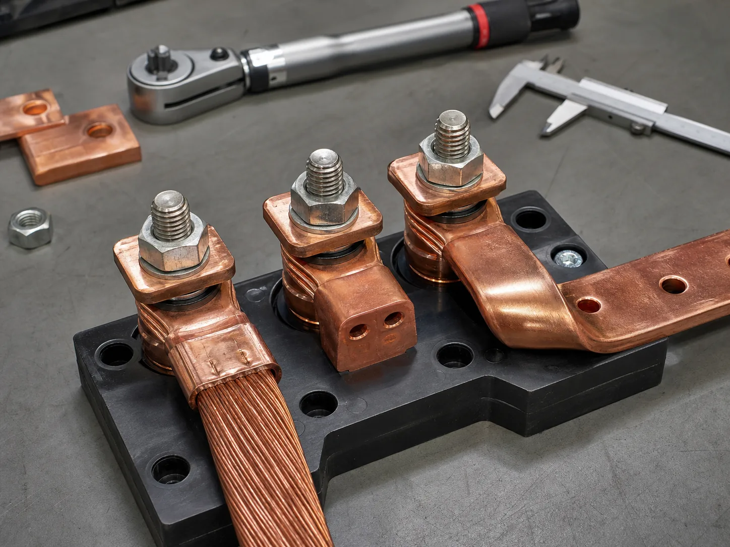 High-current copper terminal and busbar fastening detail