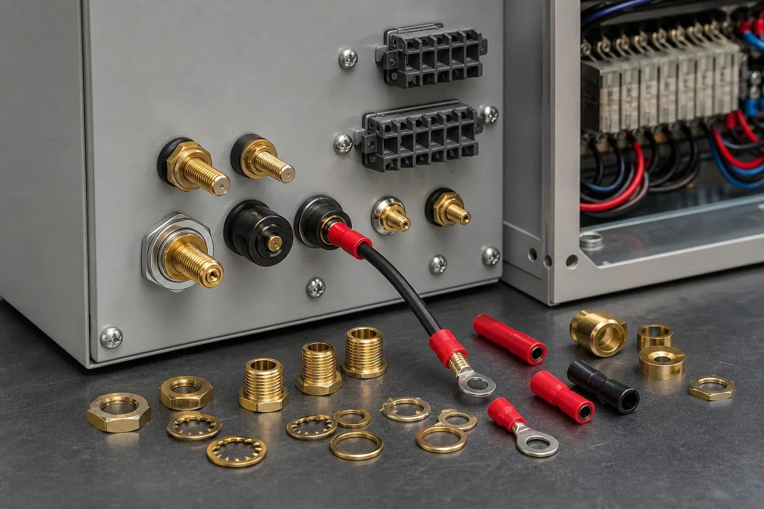 Industrial control panel with threaded brass terminal hardware and terminal blocks