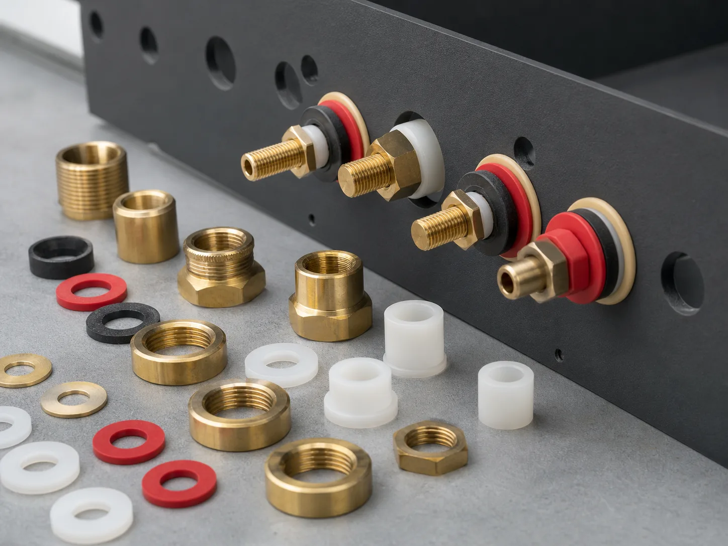 Panel mount brass terminal hardware with insulation parts and washers