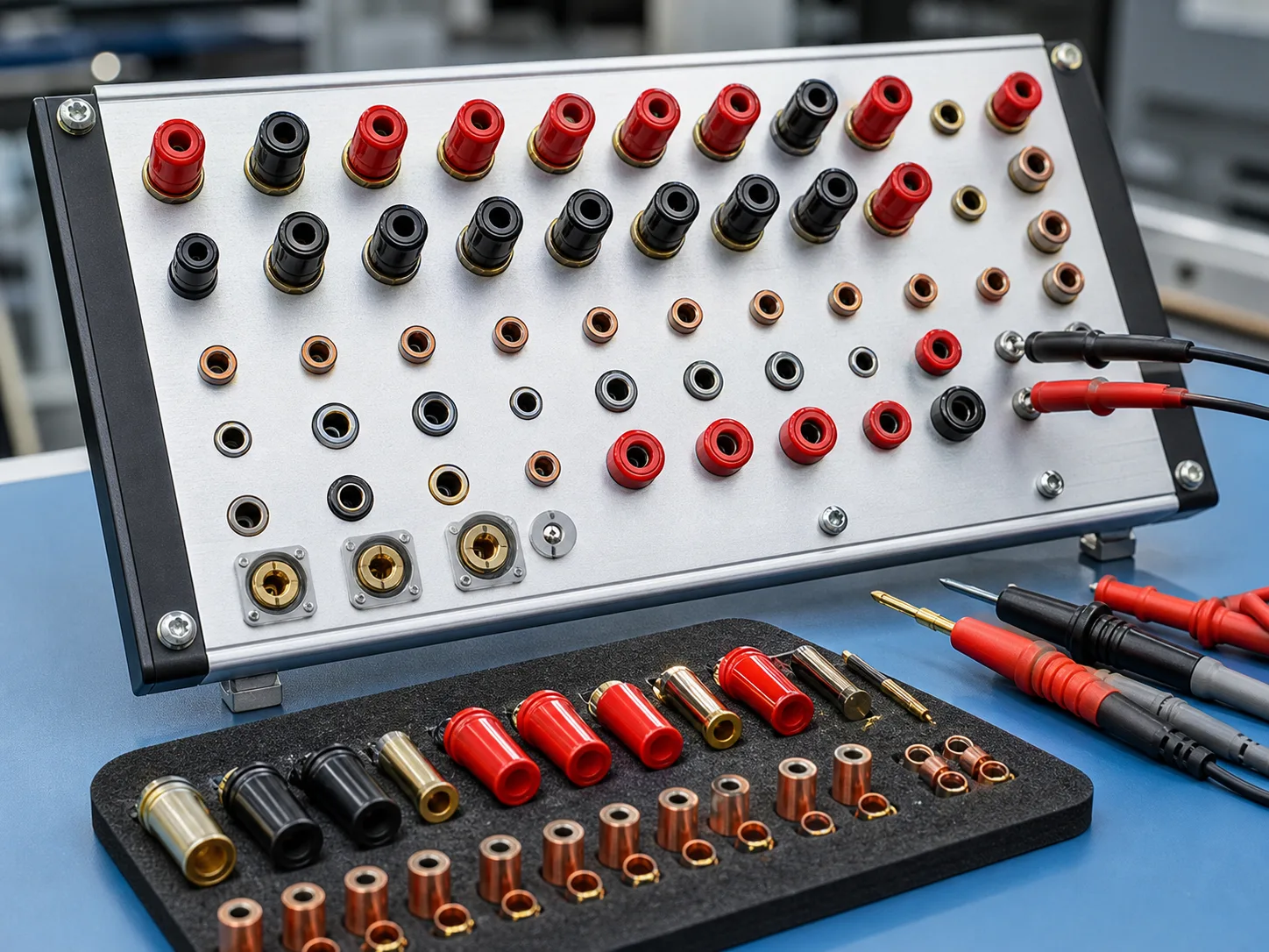 Custom measurement fixture panel with rows of banana jack terminals and copper contact inserts